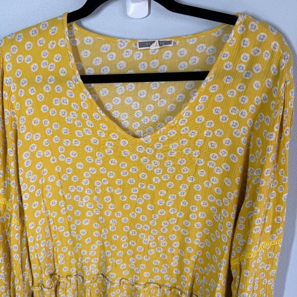 Pleione Yellow Floral Tiered V-Neck Blouse Womens Large Boho Peasant Relaxed - Picture 3 of 12